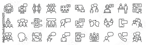 Set of outline icons related conversation, chat, talking, speaking. Linear icon collection. Editable stroke. Vector illustration