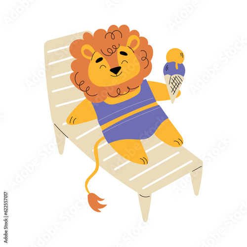Cute Lion Tourist in Swimsuit Lying on Deck Chair with Ice Cream Having Summer Resort Vacation Vector Illustration