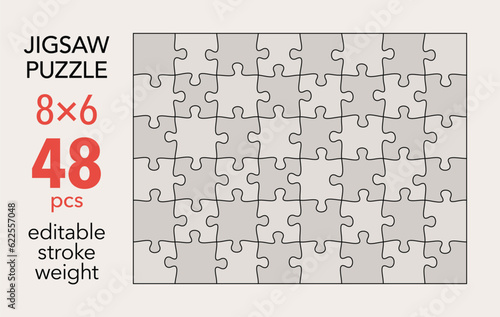 Empty jigsaw puzzle grid template, 8x6 shapes, 48 pieces. Separate matching puzzle elements. Flat vector illustration layout, every piece is a single shape.
