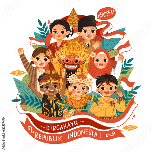Set of people celebrate indonesia independence day hari kemerdekaan indonesia