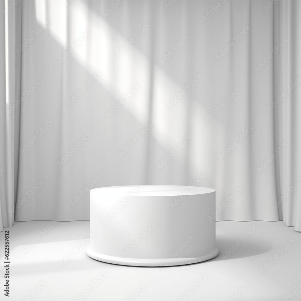 Empty white podium on white background. Mock up Product display stand with Generative Ai. Empty white podium on white background. Mock up Product display stand with Generative Ai.