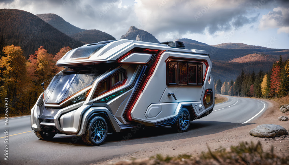 Vision of modern and futuristic camper, the future of caravaning. Generative AI. Vision of modern and futuristic camper, the future of caravaning. Generative AI.