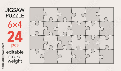 Empty jigsaw puzzle grid template, 6x4 shapes, 24 pieces. Separate matching puzzle elements. Flat vector illustration layout, every piece is a single shape.