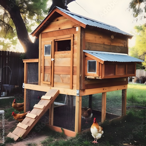 Wooden chicken Coop with chickens, generative ai