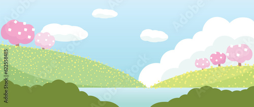 Spring nature and country landscape background. Seasonal illustration vector of trees, flowers, mountain, river, cloud, sky, grass, field. Design for banner, poster, wallpaper, decoration, card.