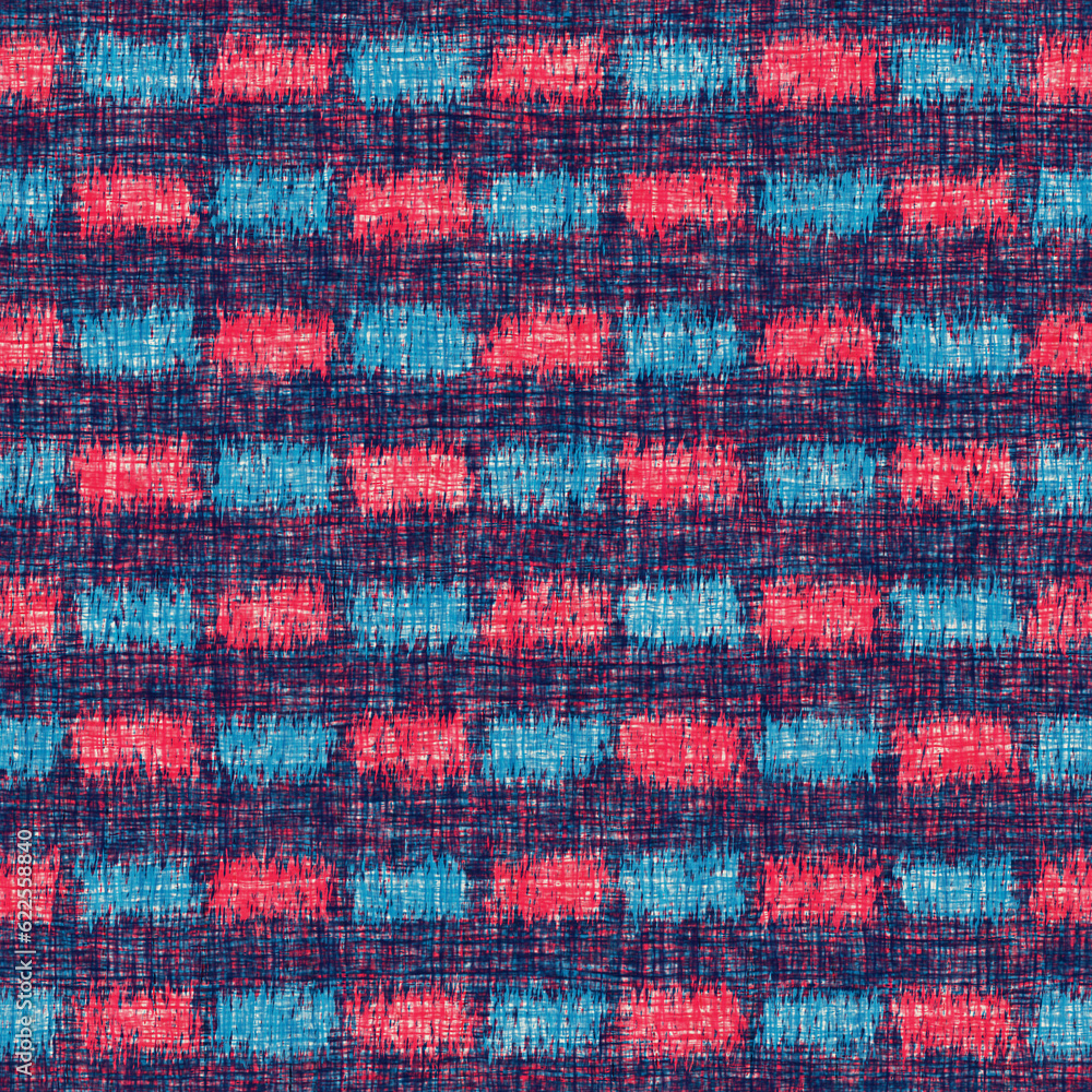 Tonal Blue and Red Mottled Textured Checked Pattern