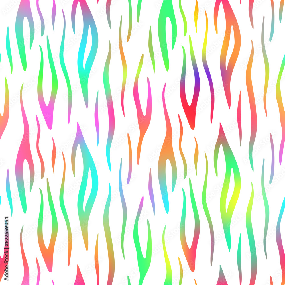 Trendy Neon Tiger seamless pattern. Vector rainbow wild animal skin textured background, rainbow gradient stripes on white background print. Abstract jungle safari texture for wallpaper, design, decor
