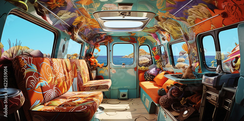 van life  interior  hippie travel lifestyle in a surreal beautiful background landscape