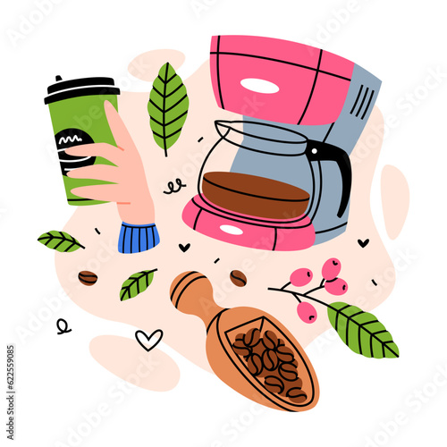 Coffee Aromatic Drink with Cup, Scoop and Coffeemaker Vector Composition