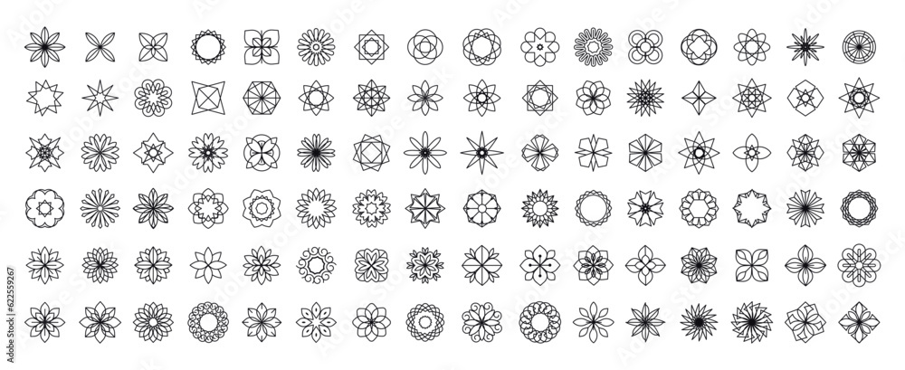 Set of abstract logo. Design of geometric icons. Stylisation of flowers, leaves in a circle Set of abstract logo. Design of geometric icons. Stylisation of flowers, leaves in a circle