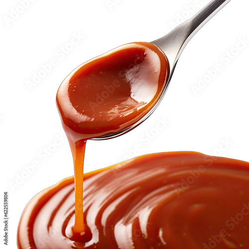 a spoon full of caramel sauce on a white surface