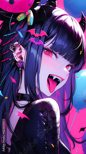 Sexy anime vampire girl  with a pink and purple synthwave anime cartoon style showing her fangs. Mobile background wallpaper. Created with Generative AI.