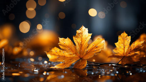 autumn yellow leaves on wooden table. Created with AI.