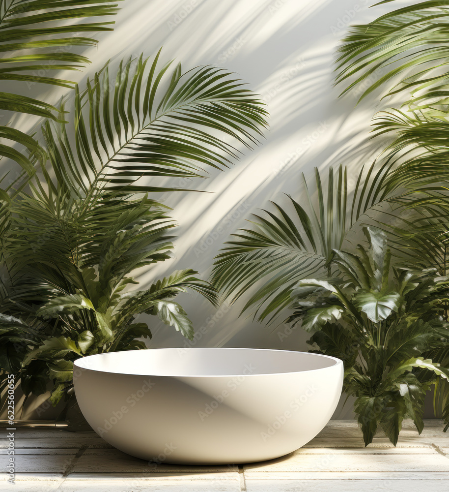 Serene Tropical Oasis Complements Gray Stone Walls for Luxury Skincare Displays Serene Tropical Oasis Complements Gray Stone Walls for Luxury Skincare Displays
