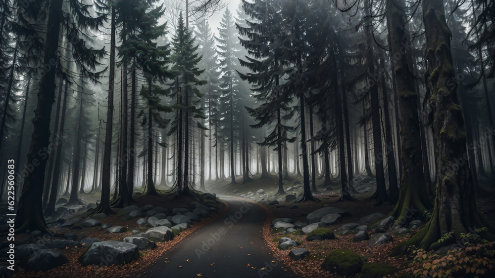 Forest enveloped in a thick fog created an ethereal atmosphere, as a road emerged, cutting through the mist and leading intrepid travelers into the heart of the unknown.