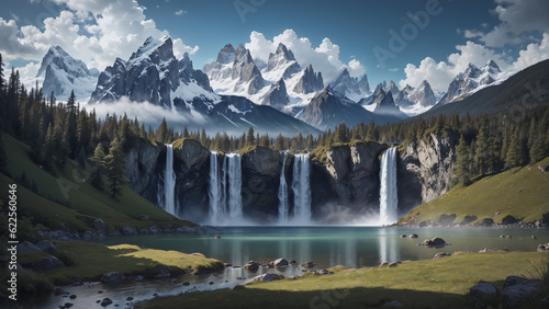 Awe inspiring scenery showcased a magnificent waterfall gracefully descending amidst a backdrop of majestic snow capped mountains while the surrounding forest exuded a sense of natural wonder.
