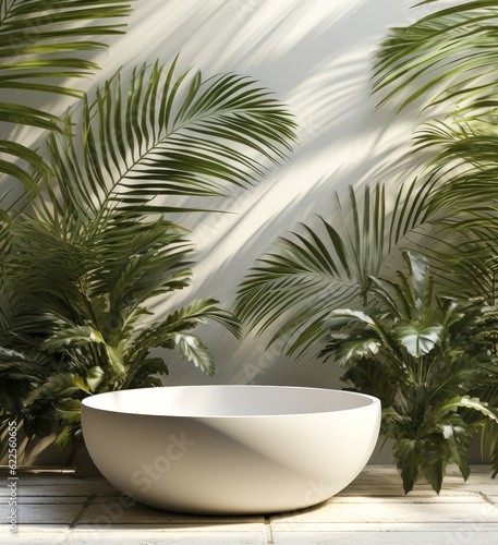 Serene Tropical Oasis Complements Gray Stone Walls for Luxury Skincare Displays