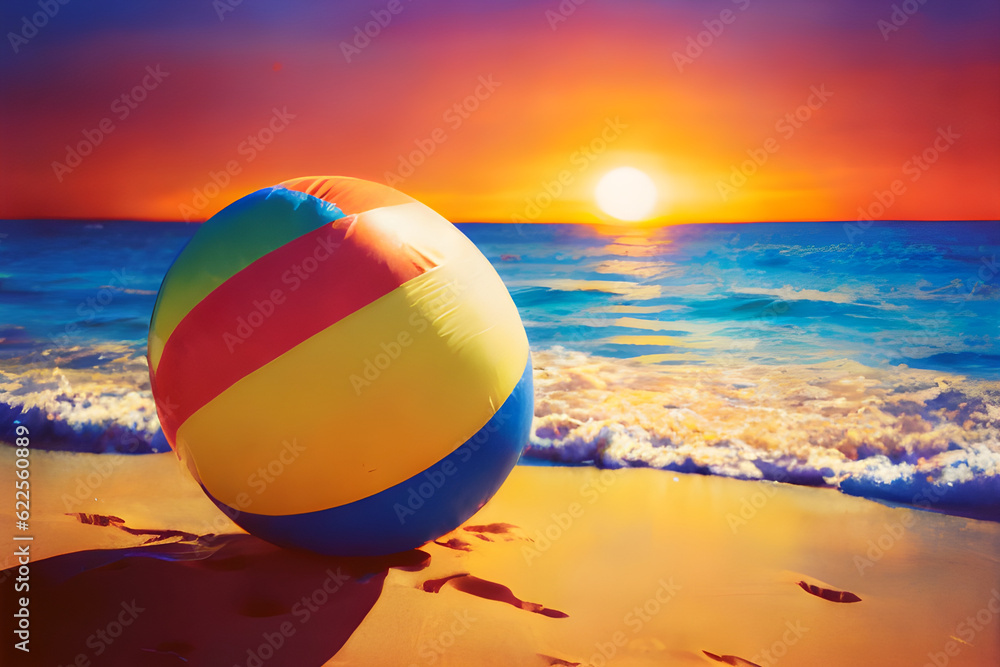 Obraz premium Sunset and beach ball Generative AI