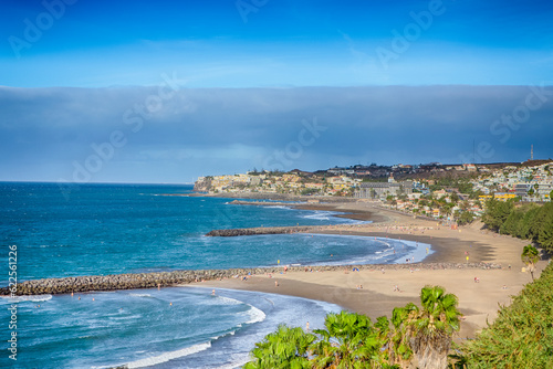 Traveling on Canary Islands. Picturesque View of Playa del Ingles Beach in Maspalomas at Gran Canaria in Spain