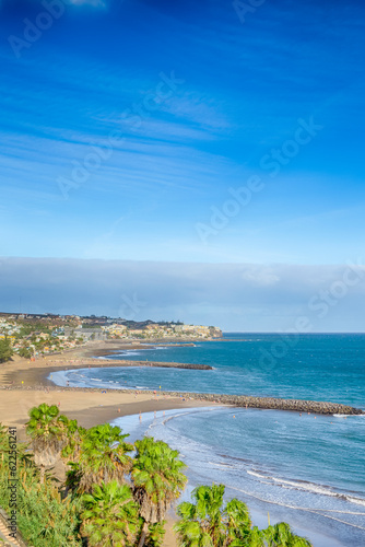 Traveling on Canary Islands. Picturesque View of Playa del Ingles Beach in Maspalomas at Gran Canaria in Spain