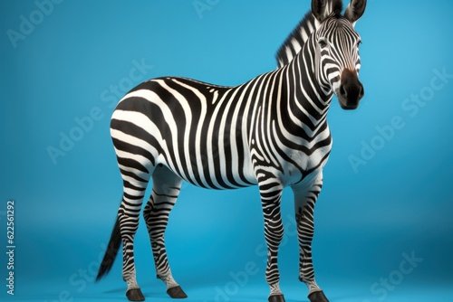 A zebra standing in front of a blue background. Generative AI image.