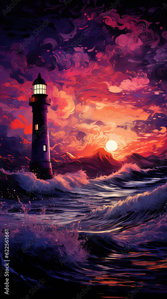 Lighthouse at sunset, fantasy landscape with sea and sun, created with generative AI technology
