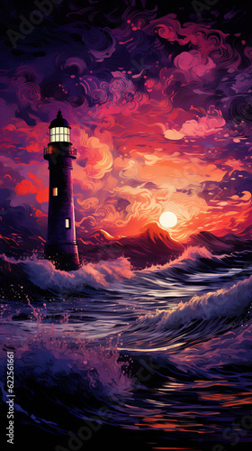 Lighthouse at sunset, fantasy landscape with sea and sun, created with generative AI technology