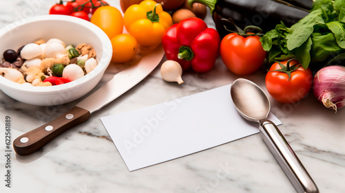 Healthy food background with empty white card and ingredients for cooking.