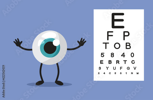Funny Eye Mascot at Medical Consultation Vector Cartoon Illustration. Cheerful character reading letters in ophthalmology examination

