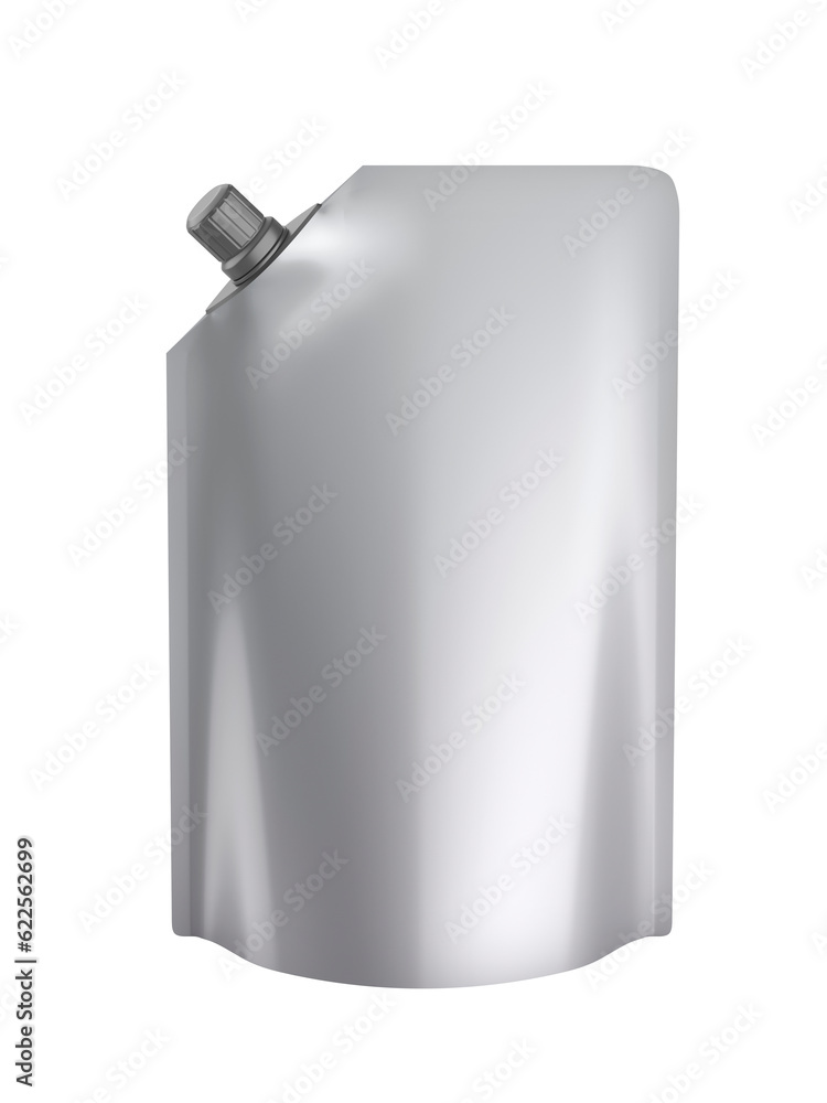 Silver stand-up pouch with spout on transparent background Silver stand-up pouch with spout on transparent background