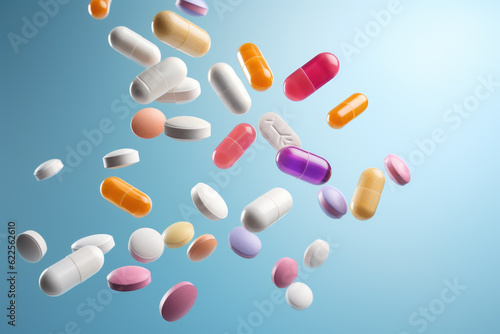 Flying colorful pills and drugs on blue background. Medicine and pharmaceuticals to health care and wellness.