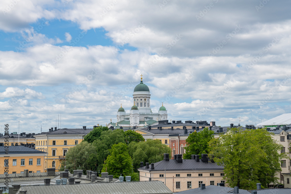View to the city and Helsinki Cathedral (St Nicholas' Church) from The Uspenski Cathedral, Helsinki, Finland