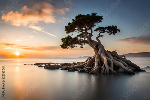 The high tide drowned the surface of the tree with big roots photo