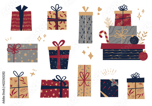 クリスマスのギフトボックスのベクターイラストコレクション。(プレゼント,贈り物)
