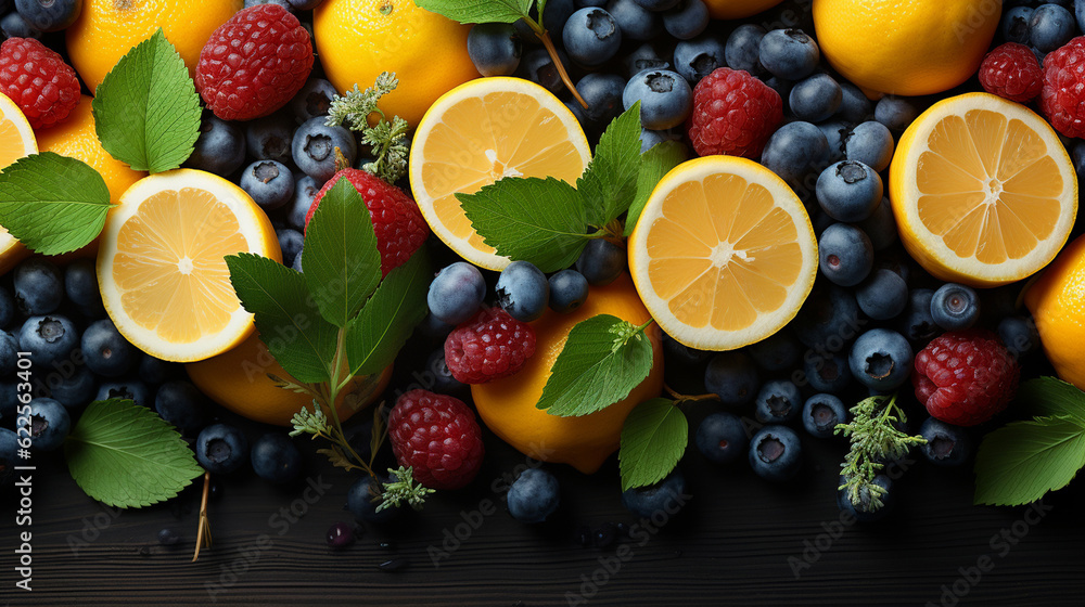 Vibrant Top-View Shot of Assorted Raw Fruits Platter with Selective Focus, Summer fruits background Vibrant Top-View Shot of Assorted Raw Fruits Platter with Selective Focus, Summer fruits background