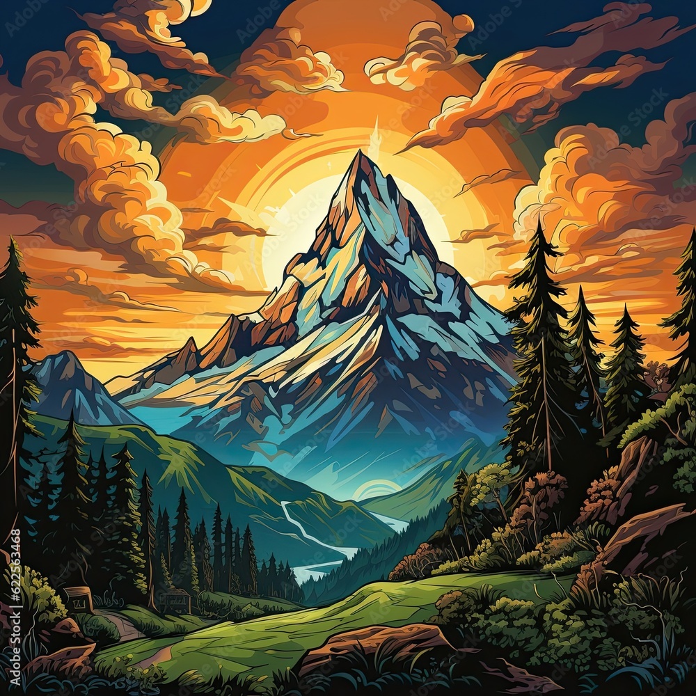 A mountain painting with trees, clouds, and a shining sun. (Generative AI)