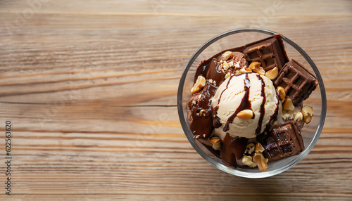 Glass bowl of ice cream dessert with chocolate, nuts and waffle, from above close-up on wooden background with copy space