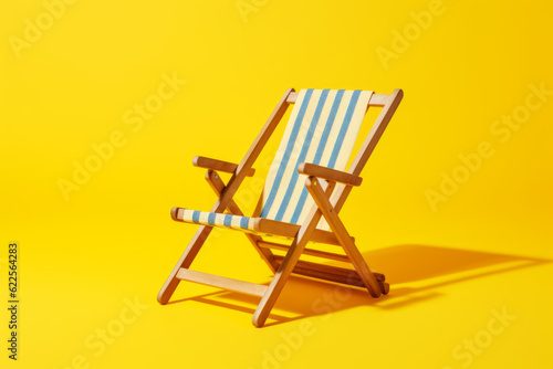 Wooden lawn chair with blue and white striped seat on yellow background. Generative AI.