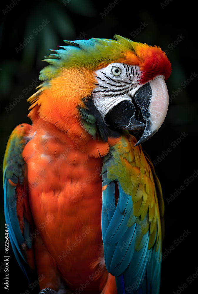 Multicolored parrot close-up on a dark background Multicolored parrot close-up on a dark background