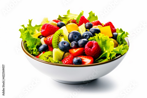 Close up of bowl of fruit with lettuce and berries. Generative AI.