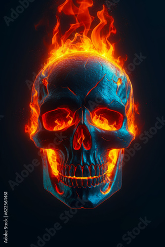 Skull with flames on its face on black background with blue background. Generative AI.