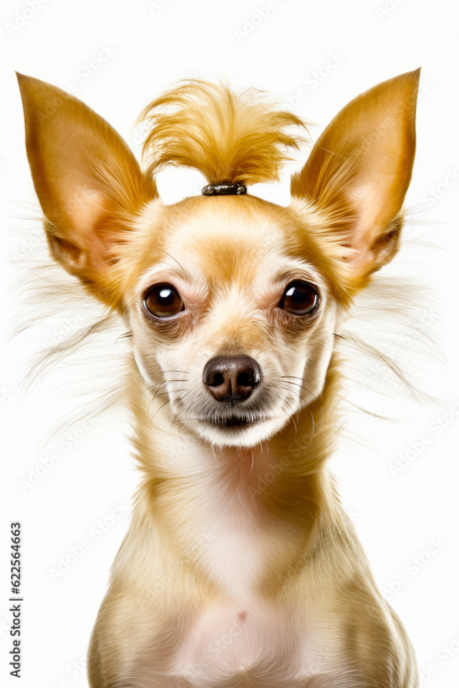 Close up of small dog with long hair on white background. Generative AI.