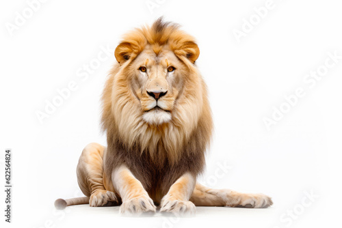 Close up of lion sitting on white surface with white background. Generative AI. © valentyn640