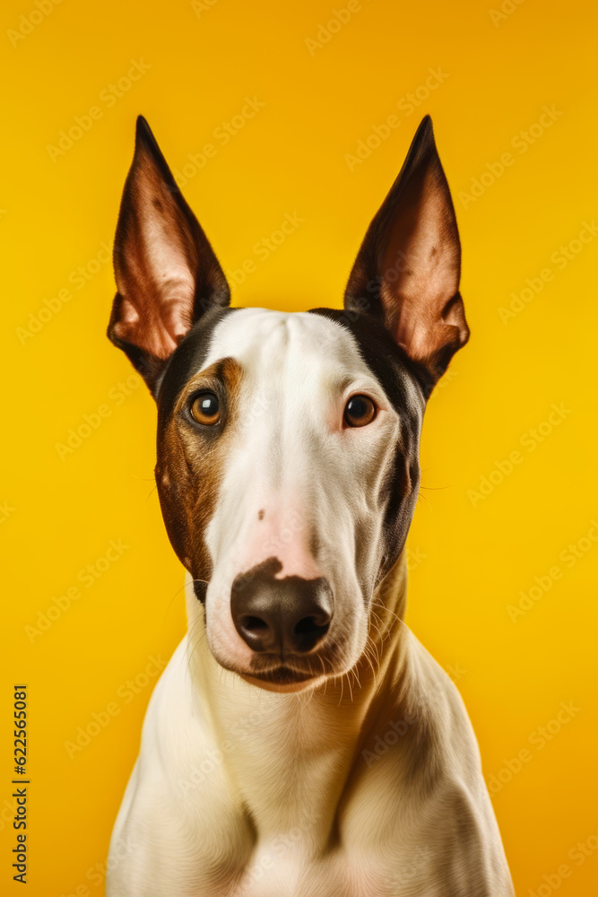 Close up of dog's face with bright yellow background. Generative AI.