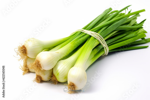 Bunch of green onions sitting next to each other on white surface. Generative AI.