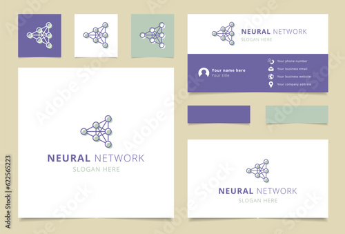 Neural network logo design with editable slogan. Branding book and business card template.