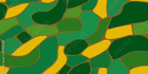 Seamless pattern with bright abstract mosaic spots. Top view of the fields with a crop of wheat, rye, soybeans. Aerial view of a farm landscape. Natural farming. Flat style vector illustration