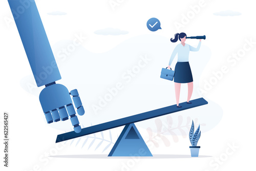 Robot help push seesaw for success. AI support business leader to search successful direction and reach goal. Chat bot help or assist by user or entrepreneur, cooperate concept.