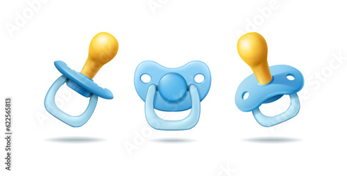 3d realistic vector icon illustration set. Blue baby boy pacifier in front side view. Isolated.