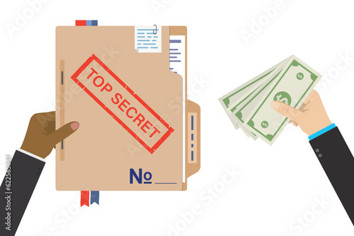 Seller hand gives top secret report, buyer hand holds money cash. Payment for confidential information, illegal deal, bribe and corruption. Spy organization steals government secrets.